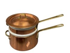 VINTAGE COPPER AND CERAMIC DOUBLE BOILER WITH BRASS HANDLES