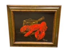 T. MCLAUGHLIN ORIGINAL OIL ON CANVAS OF LOBSTERS AND POT DATED 1970