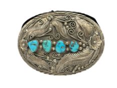 VINTAGE NAVAJO ARTIST SIGNED JAMES MASON STERLING SILVER TURQUOISE BELT BUCKLE SIGNED 
