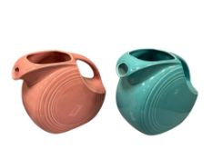 VINTAGE HOMER-LAUGHLIN / FIESTA CERAMIC DISC PITCHERS IN TURQUOISE AND FLAMINGO IN COLOR