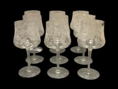 CAMBRIDGE MARJORIE FUCHSIA ETCHED CRYSTAL WATER / WINE GOBLETS 10 OZ. SET OF NINE