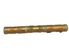 19TH CENTURY ASIAN COPPER AND BRASS INCENSE STICK HOLDER WITH APPLIED CHARACTERS