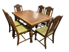 ANTIQUE ENGLISH STYLE OAK DRAW LEAF TABLE WITH FIVE PRESSED BACK CHAIRS