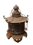 ANTIQUE JAPANESE CAST IRON PAGODA LANTERN WITH BELLS AND TRADITIONAL DESIGNS