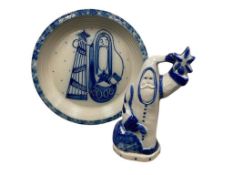 1998 AND 2000 DAVID ELDRETH SALT GLAZED FOLK ART POTTERY FATHER CHRISTMAS FIGURINE AND PIE PLATE