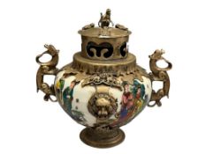 VINTAGE TIBETAN INCENSE BURNER / CENSER PORCELAIN WITH INTRICATE SILVER OVERLAY