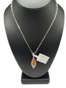 STERLING SILVER KINGMAN ORANGE DAHLIA COMPOSITE STONE MARQUISE SHAPED PENDANT NECKLACE