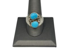 ANTIQUE NAVAJO SAND CAST STERLING SILVER DUAL TURQUOISE RING