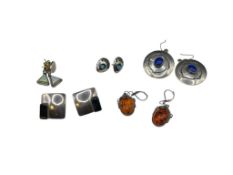 FIVE PAIRS OF VINTAGE GEMSTONES EARRINGS INCLUDING OPAL DANGLES, ONYX MODERNIST, AND MORE