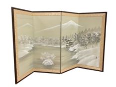 JAPANESE BYOBU FOUR PANEL WINTER SCENE PANEL WATERCOLOR ON SILK