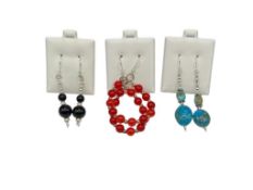 THREE PAIRS OF HANDMADE DANGLE EARRINGS INCLUDING ONYX, TURQUOISE, AND RED JADE BEADS