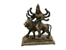 ANTIQUE BRONZE HINDU GODDESS DURGA ON LION SCULPTURE