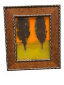 WILLIAM MCCARTHY AMERICAN ARTIST ORIGINAL OIL ON BOARD PAINTING OF TWO TREES WITH ORANGE BACKDROP