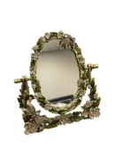 BEJEWELED AND ENAMELED CAST METAL FLORAL AND DRAGONFLY MOTIF FREE STANDING VANITY MIRROR