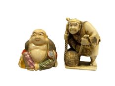 RESIN AND BONE CARVED JAPANESE NETSUKE FIGURESHOTEI AND KARAKO