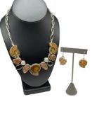 STERLING SILVER AMMONITE FOSSILS, SMOKY QUARTZ, AND COPPER NECKLACE AND EARRINGS SET