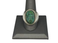 VINTAGE TAXCO MEXICO STERLING SILVER CARVED TURQUOISE AZTEC MAN'S FACE RING