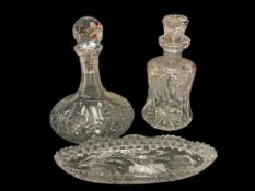 CRYSTAL DECANTER, AMERICAN BRILLIANT PERIOD CUT GLASS DECANTER AND CUT GLASS RELISH DISH