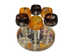 SET OF SEX AMETHYST AND CITRINE CUT TO CLEAR BOHEMIAN GLASS WINE GOBLETS ON GLASS TRAY