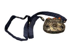 VINTAGE SAJAI SILVER TONED AND GEMSTONE HANDCRAFTED PURSE WITH FABRIC SHOULDER STRAP
