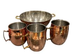 COPPER KITCHEN WARE COCKTAIL CUPS MUGS AND COLANDER