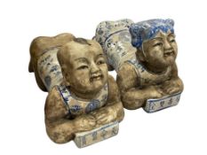 PAIR OF VINTAGE CHINESE BLUE AND WHITE PORCELAIN BOY AND GIRL OPIUM PILLOWS