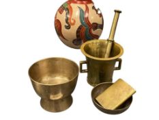 VINTAGE BRASS ITEMS CIGARETTE CASE, MORTAR AND PESTLE, FOOTED BOWL, AND SMALL BOWL