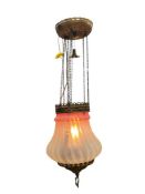 ANTIQUE CONVERTED TO ELECTRIC VICTORIAN HANGING PENDANT LIGHT CRANBERRY AND OPALESCENT GLASS SHADE