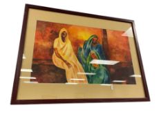 SIGNED ORIGINAL WATERCOLOR ON PAPER OF THEREE WOMAN IN VIBRANT COLORED ATTIRE