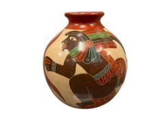 NICARAGUAN FOLK ART POTTERY TERRACOTA VESSEL WITH ROUND BOTTOM AND CARVED CHARACTERS