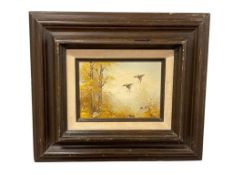 SIGNED ORIGINAL OIL ON BOARD PAINTING OF DUCKS IN FLIGHT