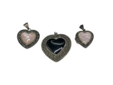THREE VINTAGE STERLING SILVER MARCASITE HEARTS PENDANTS INCLUDING ONYX AND PINK MOTHER OF PEARL