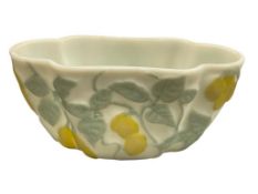 1930'S ART DECO PHOENIX / CONSOLIDATED GLASS COMPANY YELOW AND GREEN SATIN GLASS FRUIT BOWL / VES...