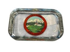 VINTAGE COMMEMORATIVE GLASS PAPERWEIGHT OF THE WILL ROGERS MEMORIAL IN CLAREMORE, OKLAHOMA