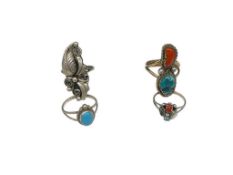 FOUR NATIVE AMERICAN DESIGNED RINGS INCLUDING THREE STERLING SILVER AND THREE WITH TURQUOISE
