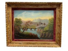 LARGE ANTIQUE ORIGINAL OIL ON BOARD PAINTING EUROPEAN LANDSCAPE AND CASTLE SCENE