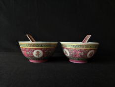 Pair of Chinese Famille Rose Mun Shou (Thousand longevities) bowl and spoon sets