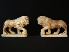 Pair of Carved Alabaster Lions, After the Medici Lions