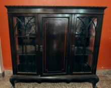 A Colonial-Gothic Dark Hardwood Three-Door Vitrine with Arched Glazing