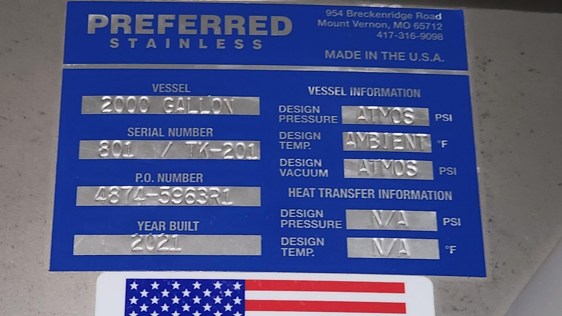 PREFERRED STAINLESS 2,000 GALLON S/S MIX USE TANK 801-TK201 - Image 23 of 23