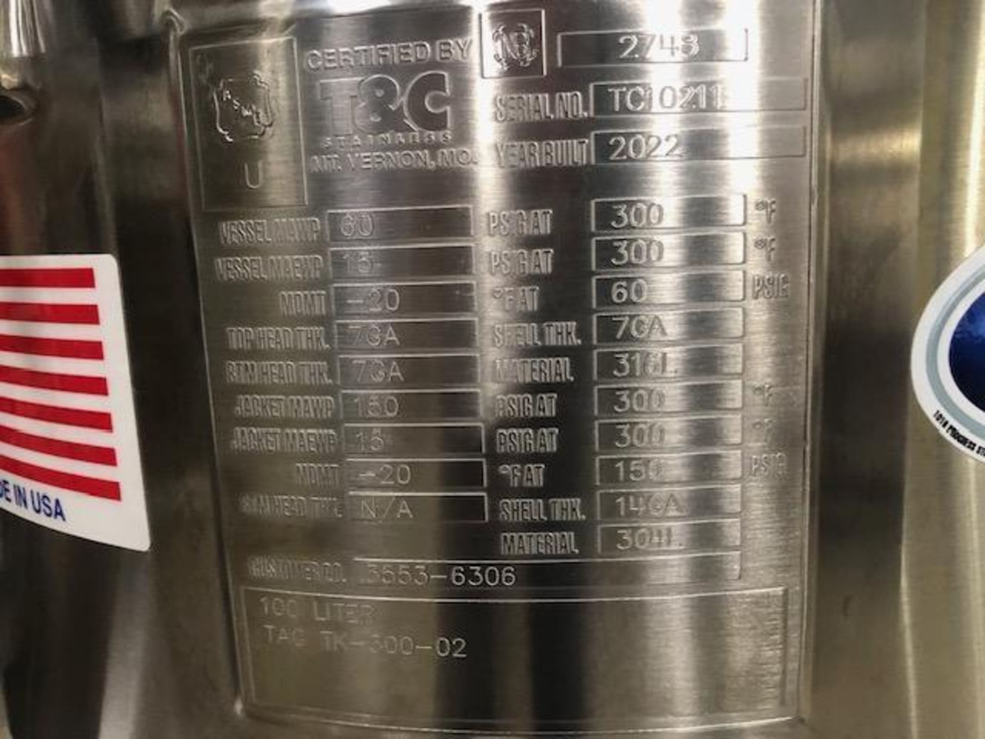 T&C STAINLESS INC 100 LITER WORKING/147.8 TOTAL VOLUME 316L STAINLESS STEEL ASME CODE STAMPED TANK - Image 7 of 8