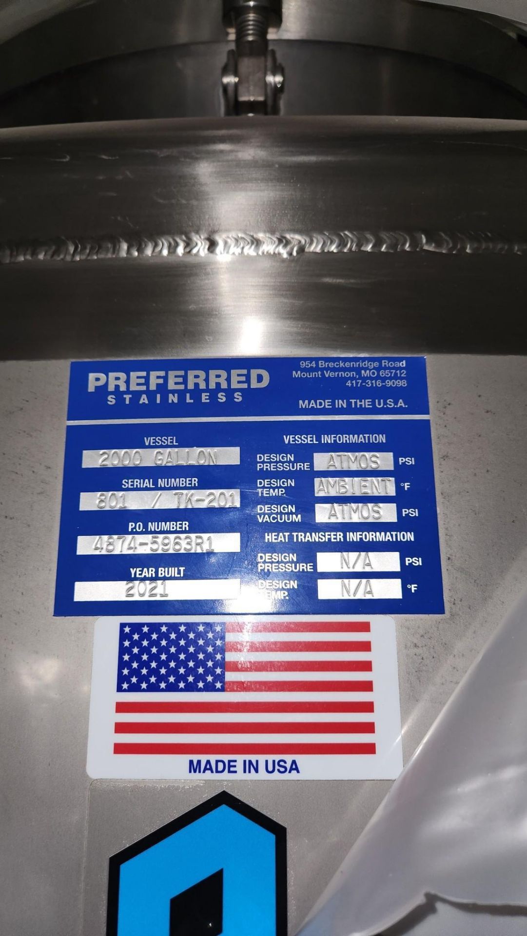 PREFERRED STAINLESS 2,000 GALLON S/S MIX USE TANK 801-TK201 - Image 22 of 23