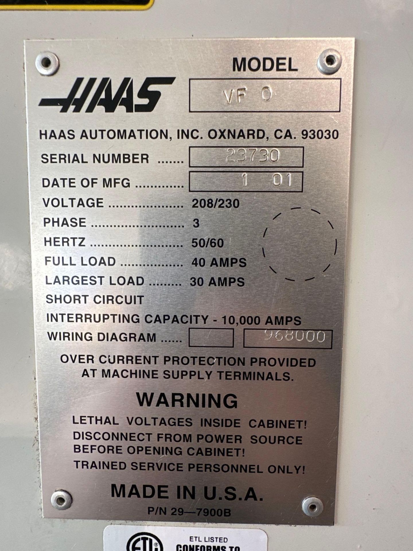 2001 HAAS VF-0 CNC VERTICAL MACHINING CENTER - Image 19 of 20