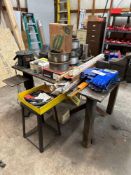 LARGE LOT OF WELDING ACCESSORIES (WIRE, RODS, MASKS, TABLE, WELD POSITIONER, STARRETT VISE)