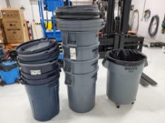 RUBBERMAID GARBAGE CANS (4) 44-GAL BRUTES, (1) 55-GAL BRUTE WITH DOLLY, AND (4) 32-GALLON ROUGHNECKS