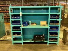 CUSTOM STEEL WORKBENCH WITH STORAGE AND ASSORTED TOOLING