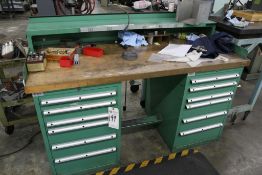 WOOD TOP WORKBENCH WITH 2 LISTA CABINETS, NO CONTENTS
