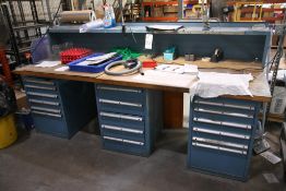 DUAL STATION WOOD TOP WORKBENCH WITH 3 LISTA TOOL CABINETS