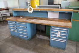 LARGE WOOD TOP WORKBENCH WITH 3 LISTA TOOL CABINETS