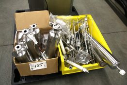 BOX AND BIN OF ASSORTED STAINLESS STEEL LABORATORY ACCESSORIES